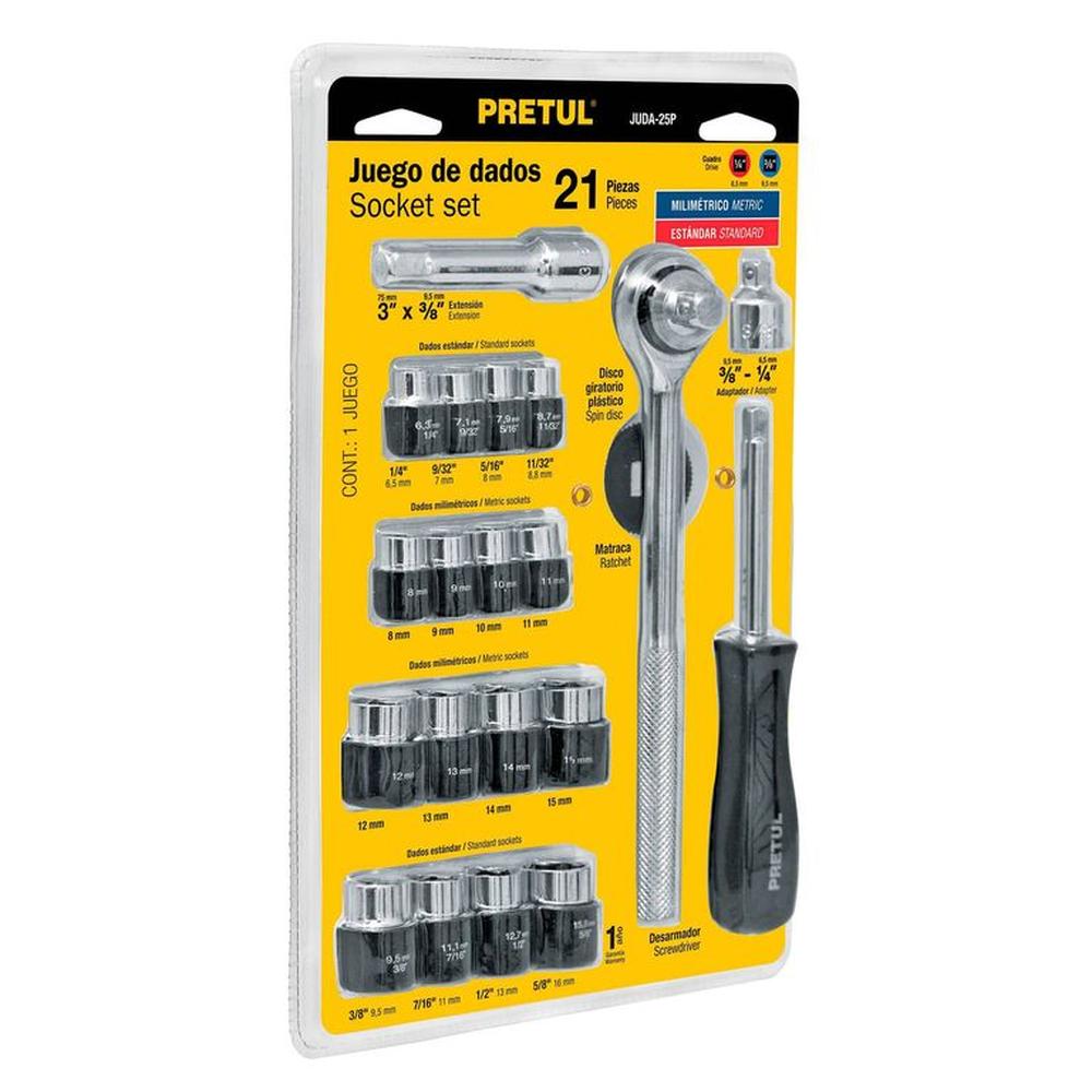 Juego Ratchet y Dados 3/8"" x 21 pzas Pretul 21162 - Gris