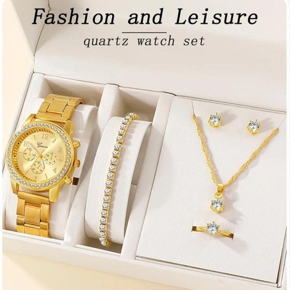 Pack 6 Piezas Reloj Lujo Anillo Aretes Pulsera  Collar   Mujer Genieka.