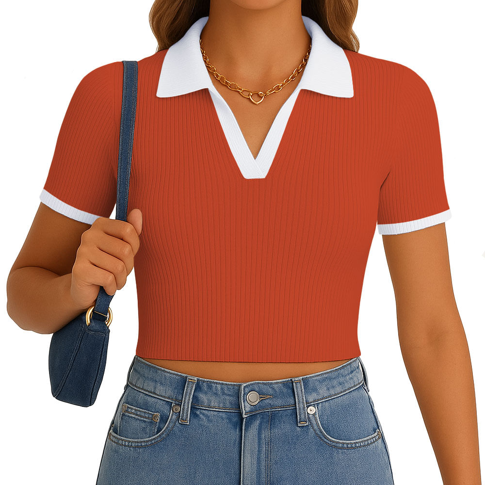 Polo Mujer Camisero Bicolor Manga Corta Rib Grueso New 710-13 Color Ladrillo