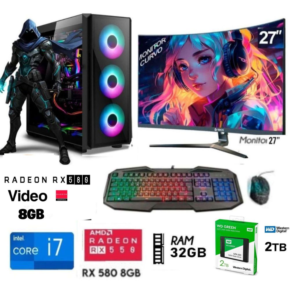 Computadora PC Gamer Core I7 Ram 32GB DISCO SSD 2TB -RX 580 8GB MONITOR 27