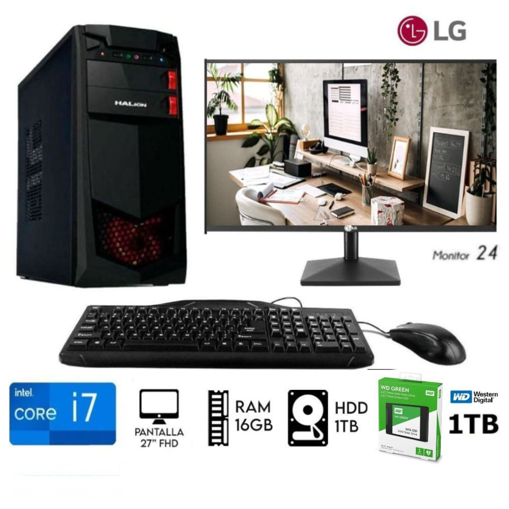 Computadora PC Intel Core i7 RAM 16GB Disco HDD 1TB  -SSD 1TB  Monitor 24 LG
