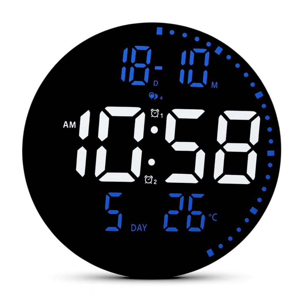 Reloj Digital LED Redondo 25 cm con Alarma, Fecha, Temperatura y Brillo Ajustable Azul LED-JH2560