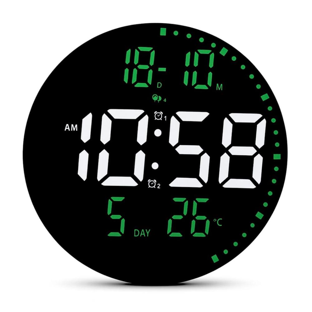 Reloj Digital LED Redondo 25 cm con Alarma, Fecha, Temperatura y Brillo Ajustable Verde LED-JH2560
