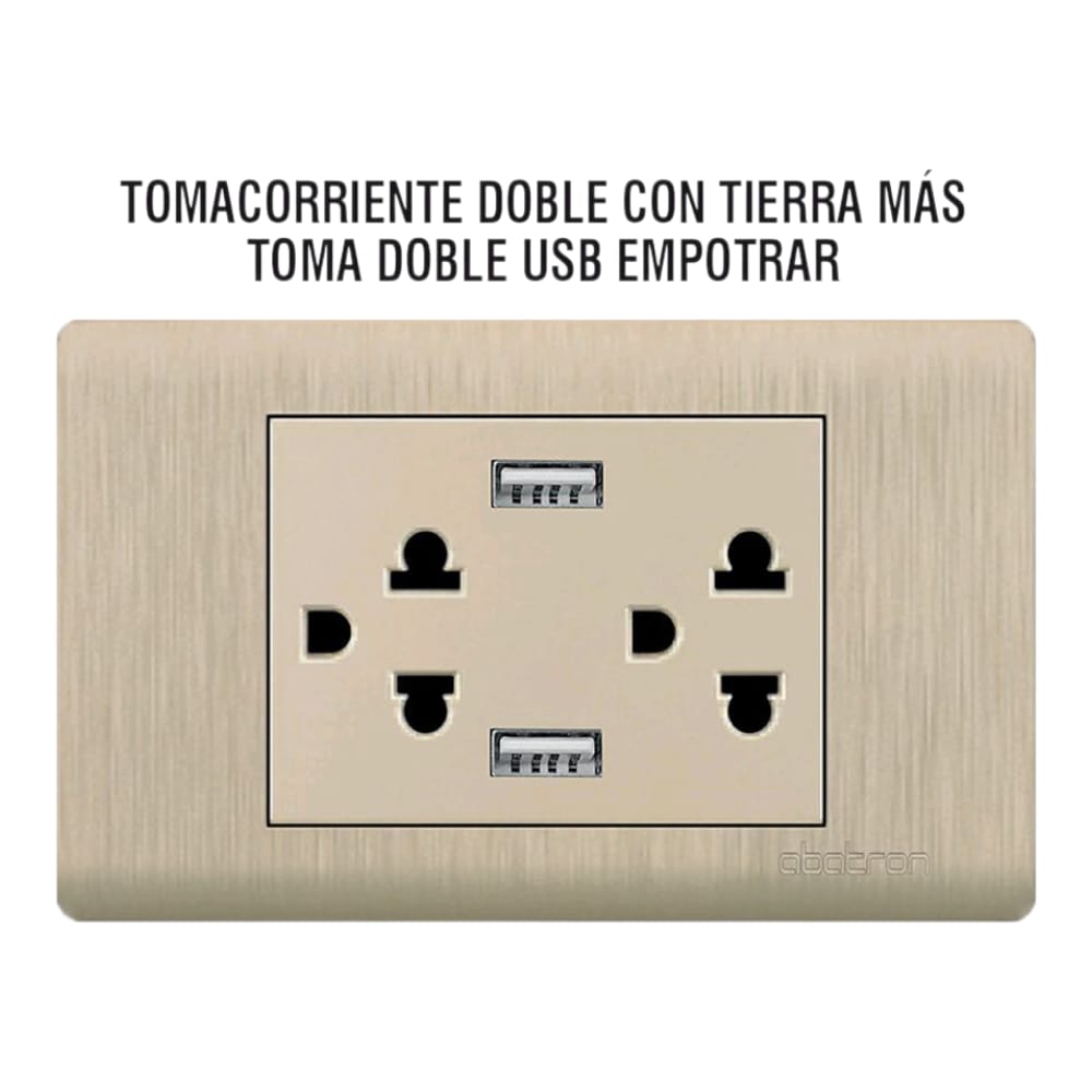 Tomacorriente Doble con Tierra y Doble Toma USB Empotrable - Dorado