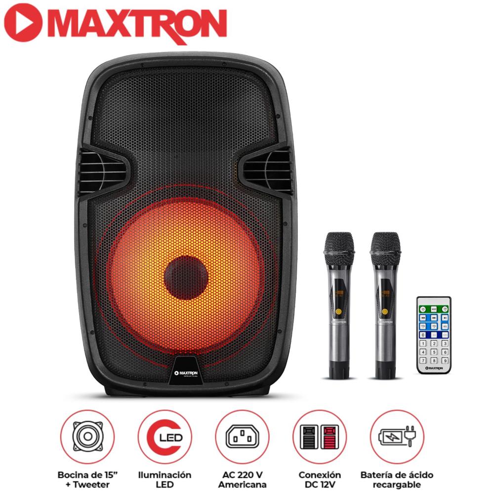 Parlante Maxtron MX1550V MERKURY ULTRA 15"" USB BT TWS Entrada AC 220V 2 micrófonos inalámbricos