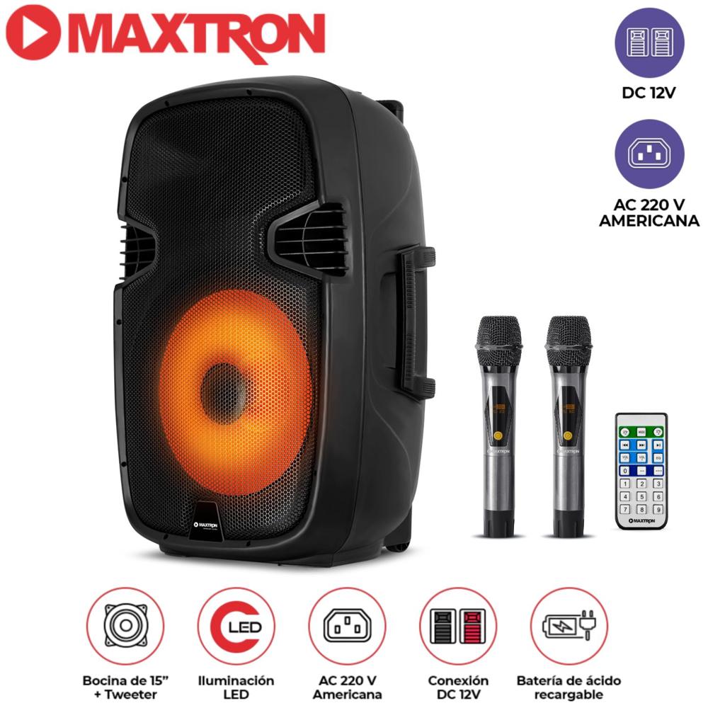 Parlante Portátil Maxtron MX1550V Full Fiesta 15"" USB BT TWS 2 micrófonos inalámbricos