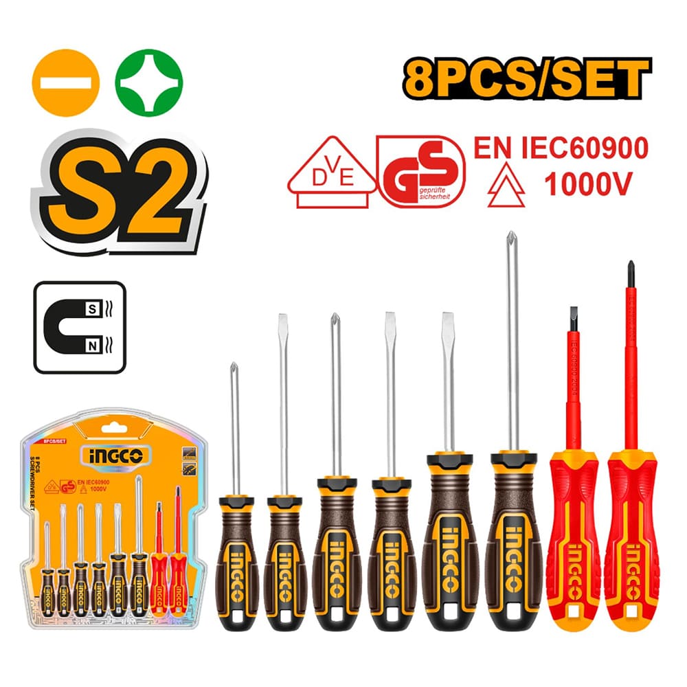 Set 8 Destornilladores Imantados con Aislante Ingco HKSDS0838
