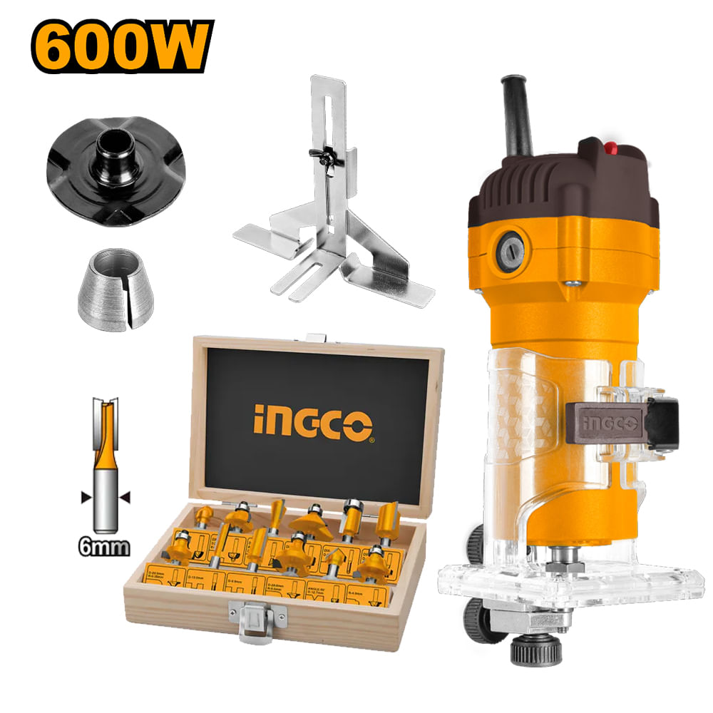 Combo Fresadora Ruteadora Ingco 600W PLM6001 con Set 12 Fresas para Ruteadora Ingco 6 MM AKRT1201