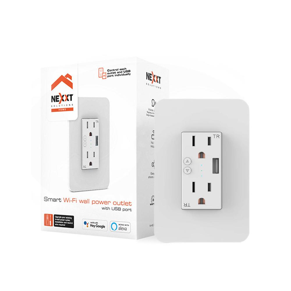 Tomacorriente de pared inteligente NHE-W100 Nexxt 2 tomas 1 USB Activación Voz
