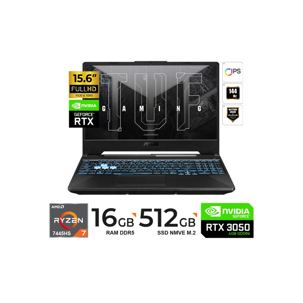 LAPTOP ASUS TUF Gaming A15 15.6 FHD IPS Ryzen 7 7445HS 16GB DDR5 512GB SSD RTX 3050 4GB FreeDOS