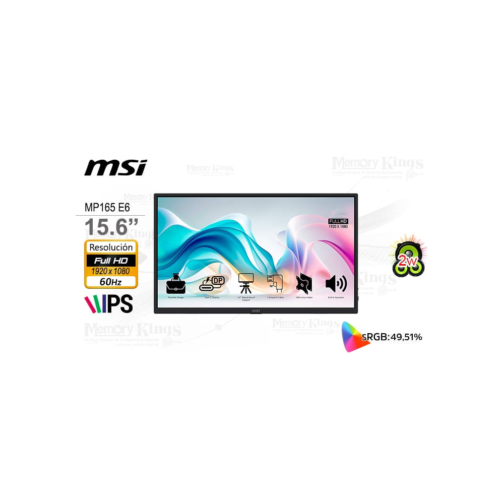 Monitor Portátil MSI PRO MP165 E6 de 156 FHD IPS  Ligero  para Trabajo y Entretenimiento