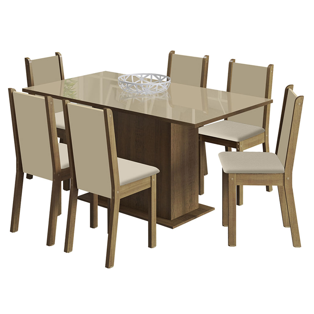 Juego de Comedor Moscou Plus con 6 Sillas - Marrón Crema Beige Juego de Comedor Moscou Plus con 6 Sillas - Marrón Crema Beige