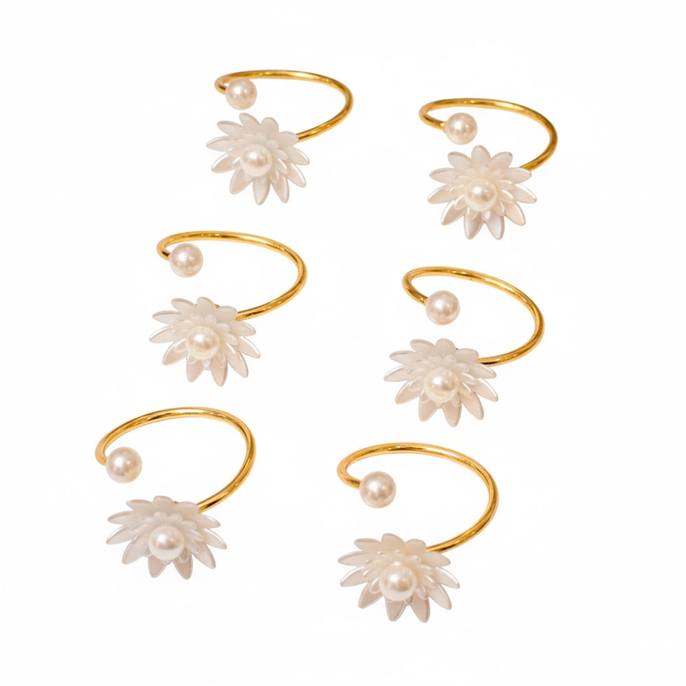 SETX6 AROS PARA SERVILLETAS DISEÑO FLOR BLANCO-DORADO