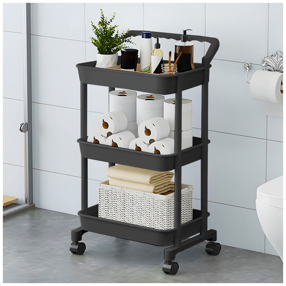 Carrito Organizador 3 Niveles con Ruedas Y Asa para Baño Negro C92