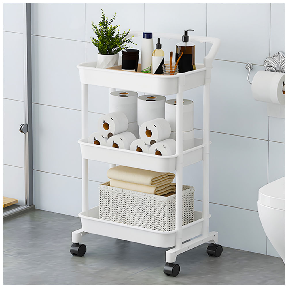 Carrito Organizador 3 Niveles con Ruedas Y Asa para Baño Blanco C92