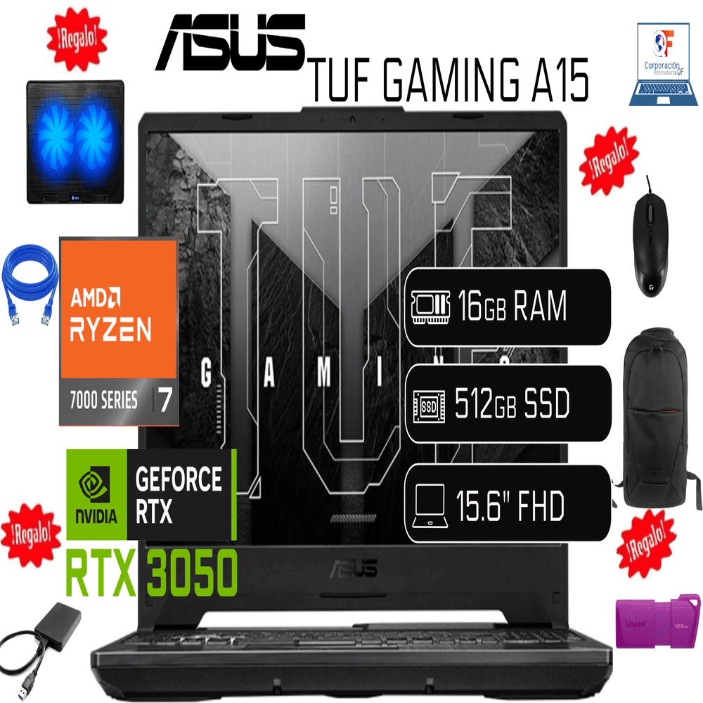 LAPTOP NUEVA GAMER ASUS Ryzen7 16GB RAM DDR5 512GB SSD NVIDIA RTX 3050 4GB Video 1TB HDD EXTERNO