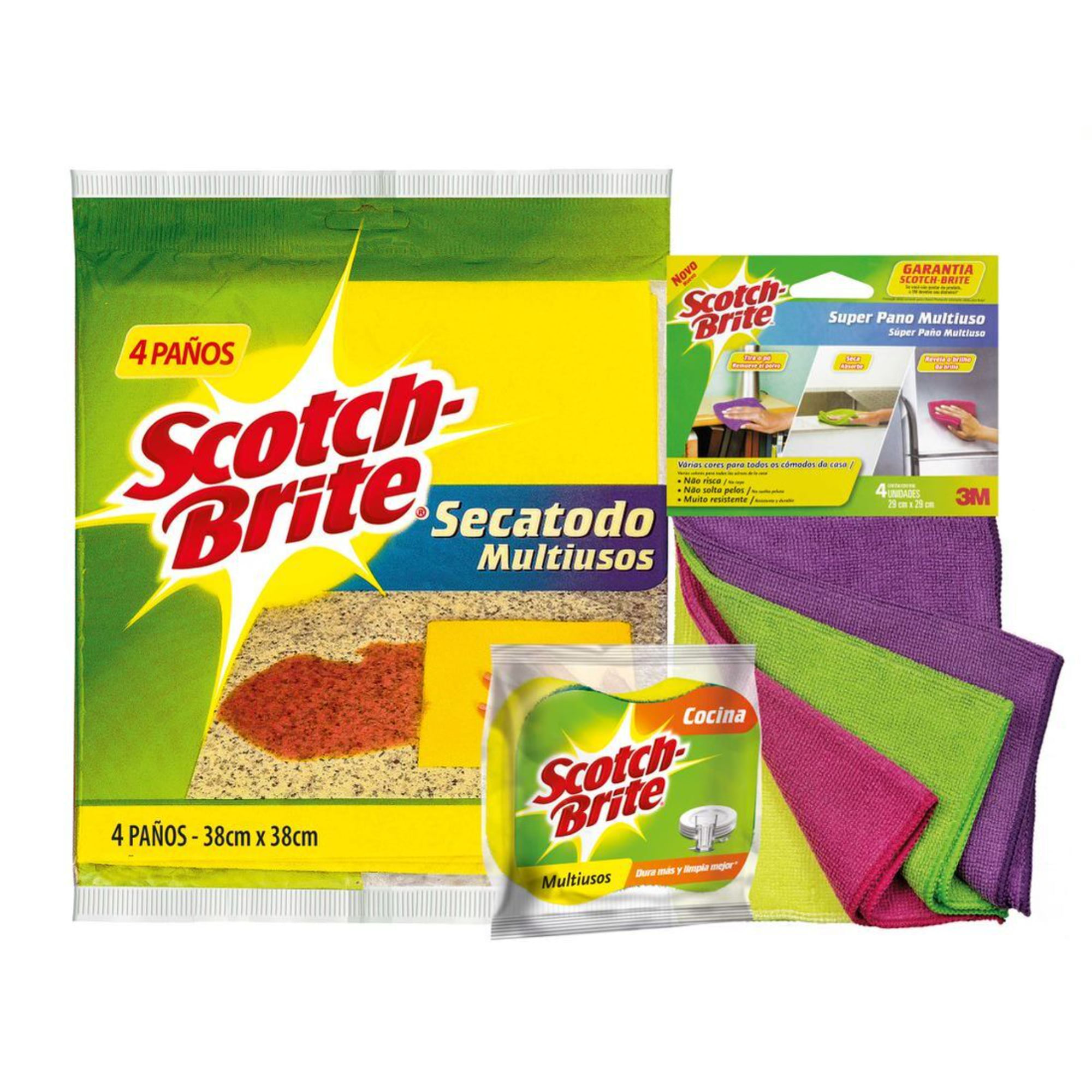 Pack Secador 4un + Microfibra 4un + Esponja 2 en 1 SCOTCH BRITE