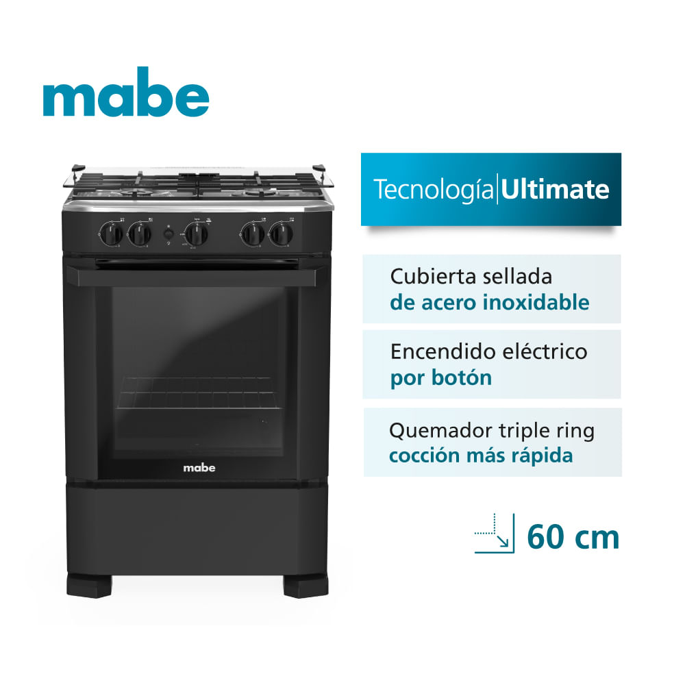 Cocina a Gas Mabe CMP6040FNO 24pulgadas 4 Hornillas Negro