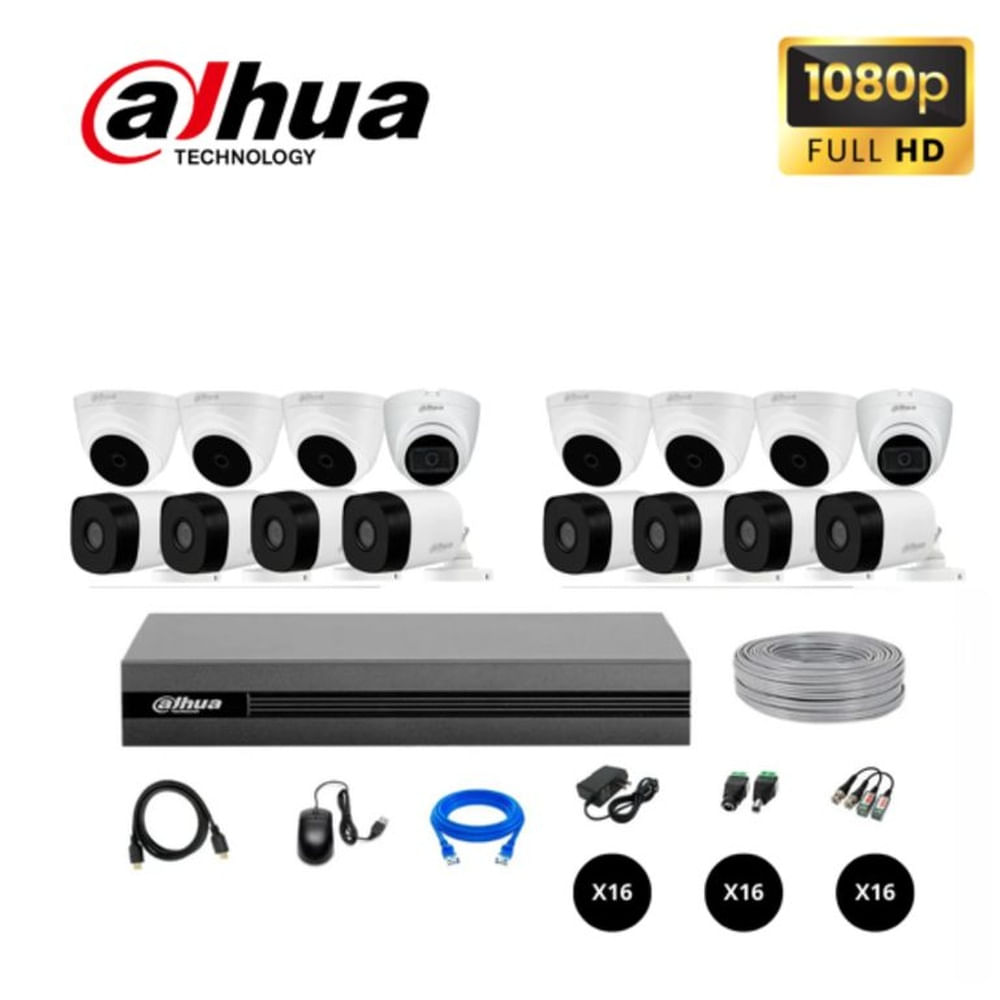 KIT DE 16 CÁMARAS SEGURIDAD FULL HD 1080P DAHUA KIT 16 + CABLE