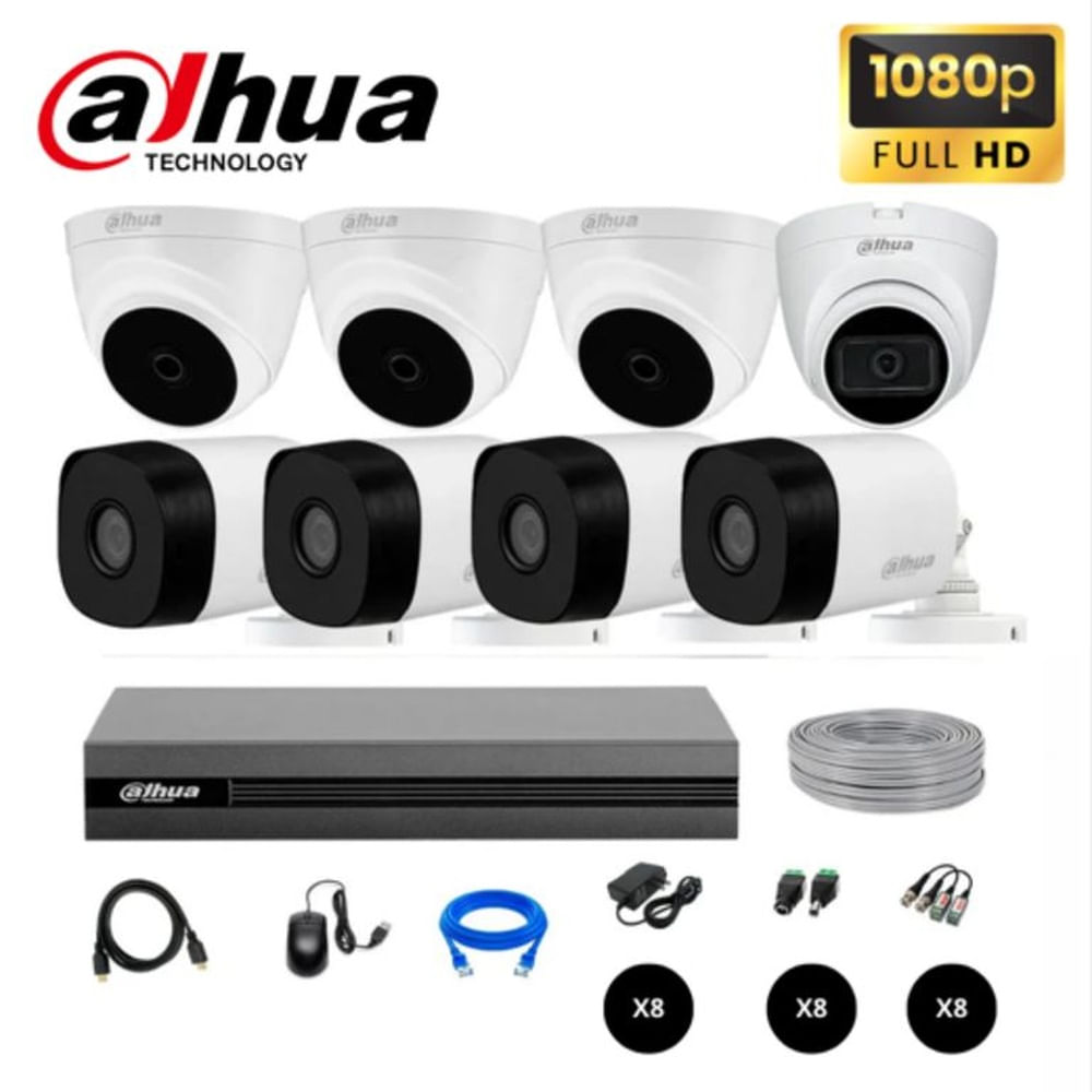 KIT DE 8 CAMARAS DE SEGURIDAD FULL HD 1080P DAHUA KIT 8 + CABLE