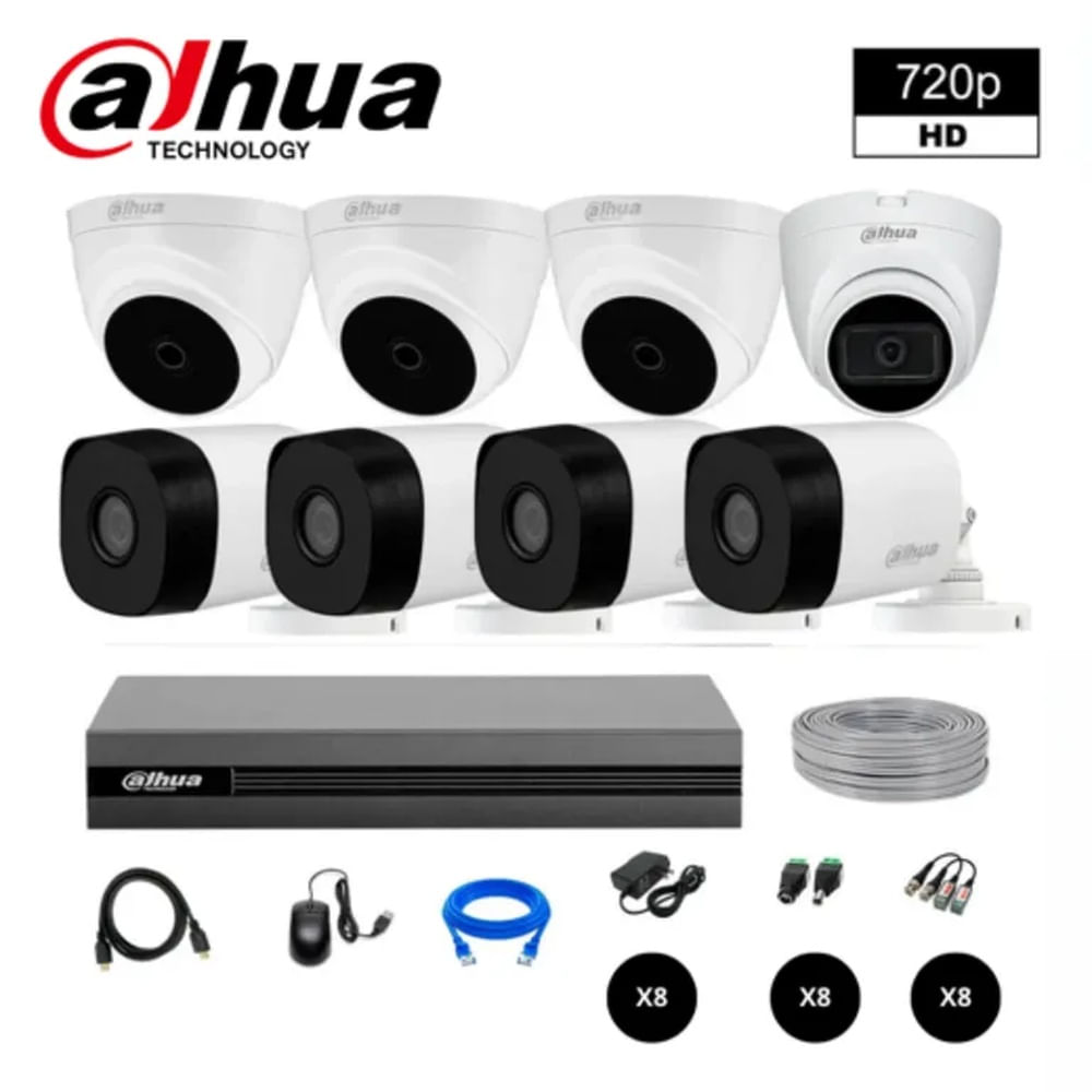 KIT DE 8 CÁMARAS SEGURIDAD DAHUA KIT 8 HD 720P + CABLE