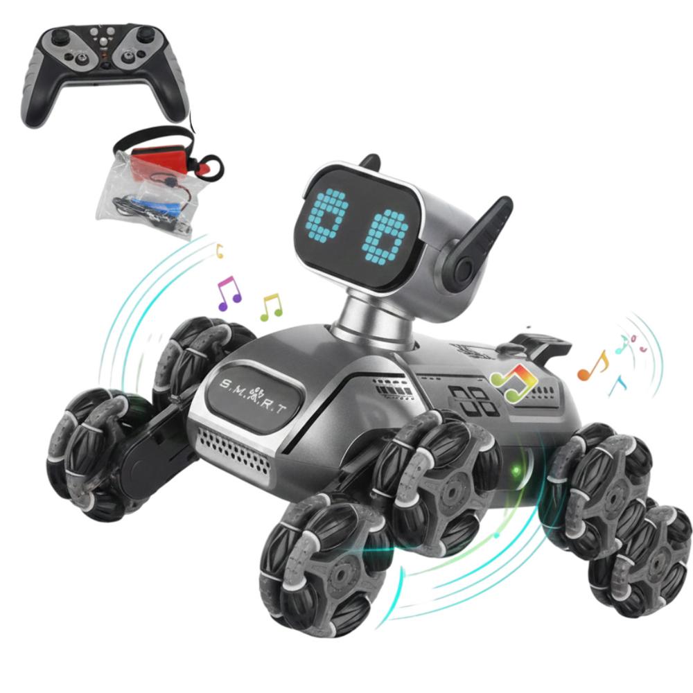 Perro Robot  8 Llantas Musical Trucos Efecto Humo Compañero para Niños Color Gris