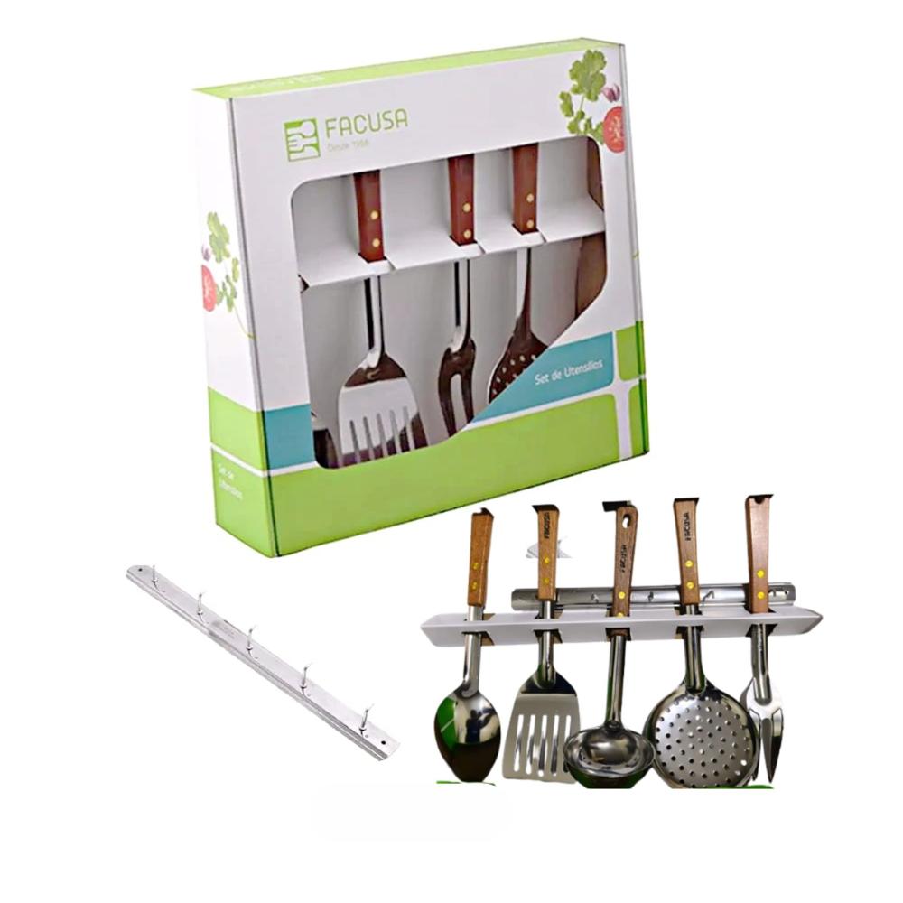 Set de Utensilios x 5 Acero Inox Mango Madera y Colgador Marca Facusa