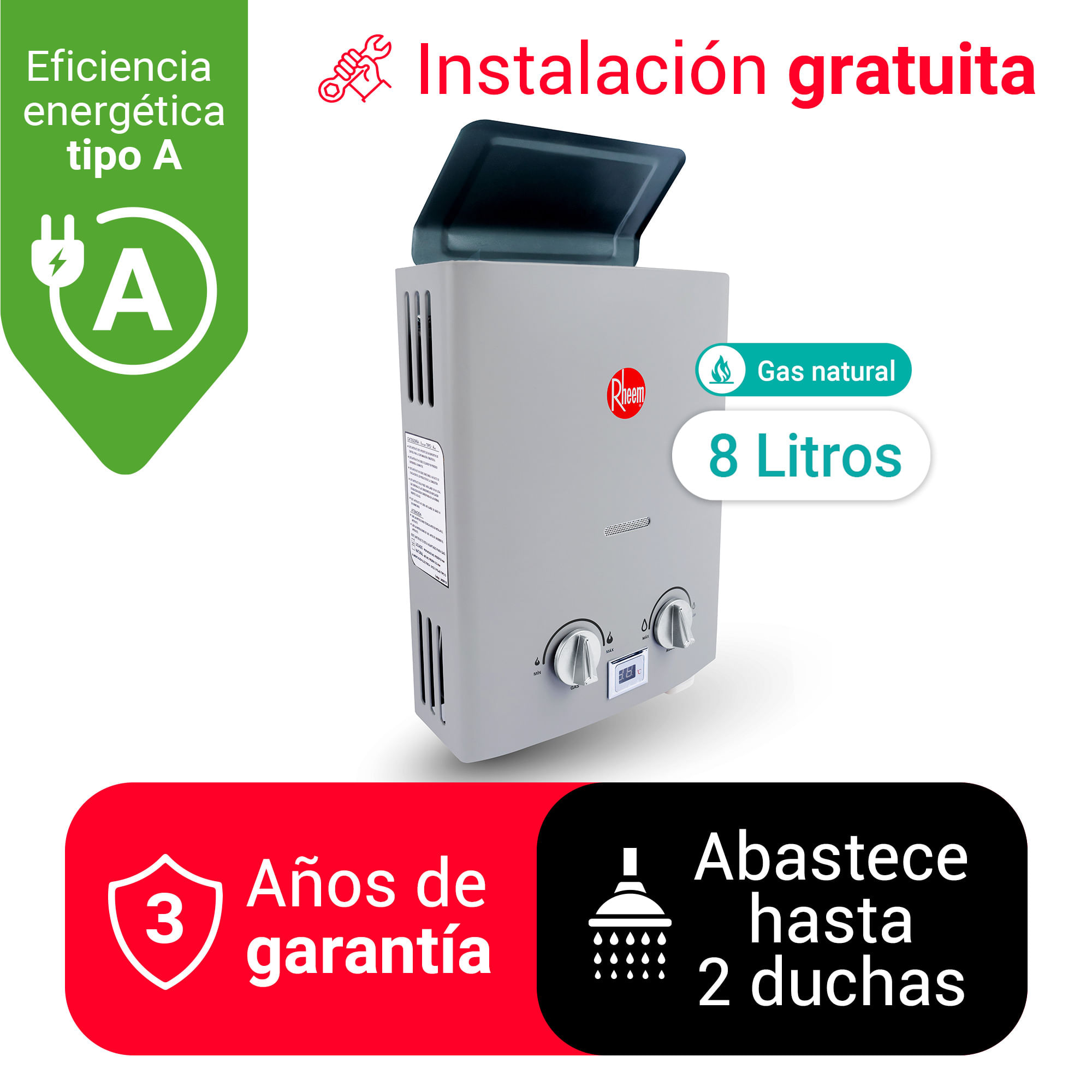 TERMA A GAS 8L RHEEM GAS NATURAL GN - TIRO NATURAL SIN DUCTO