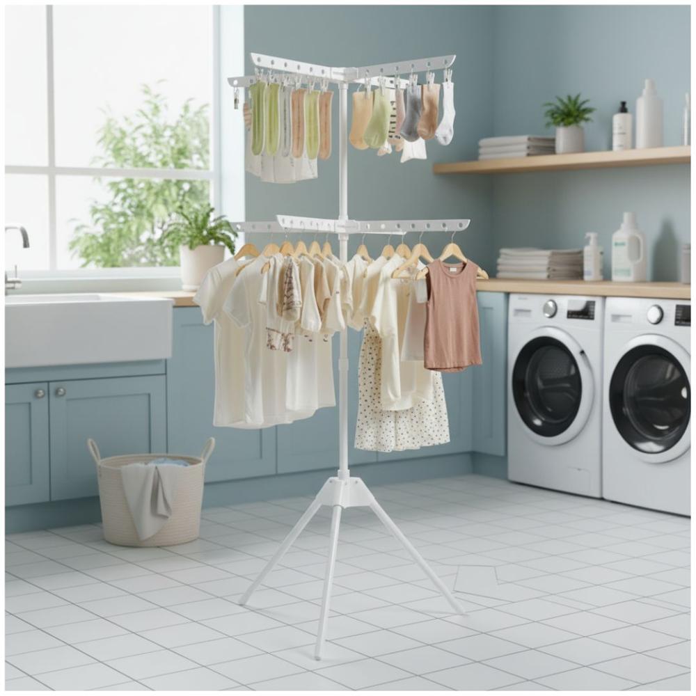 Tendedero de Ropa Vertical 2 Niveles Plegable Multifuncional Blanco