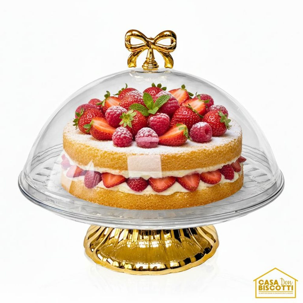 Porta Torta Acrílico de 30cm con Tapa Elegante y Pedestal Dorado - Plato de Torta con Tapa Grande