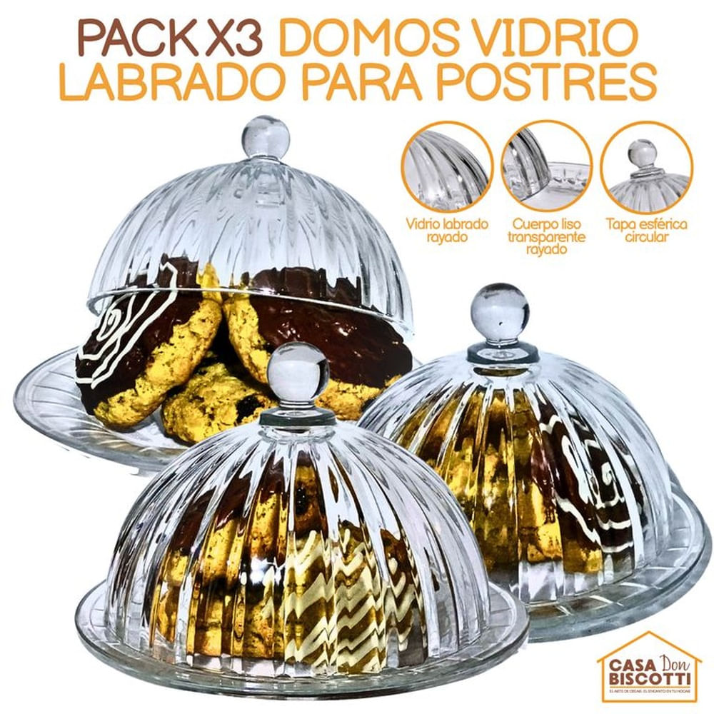 Domo de Vidrio Labrado con Plato 19x13cm PACK x3 - Cúpula de Vidrio con plato labrado