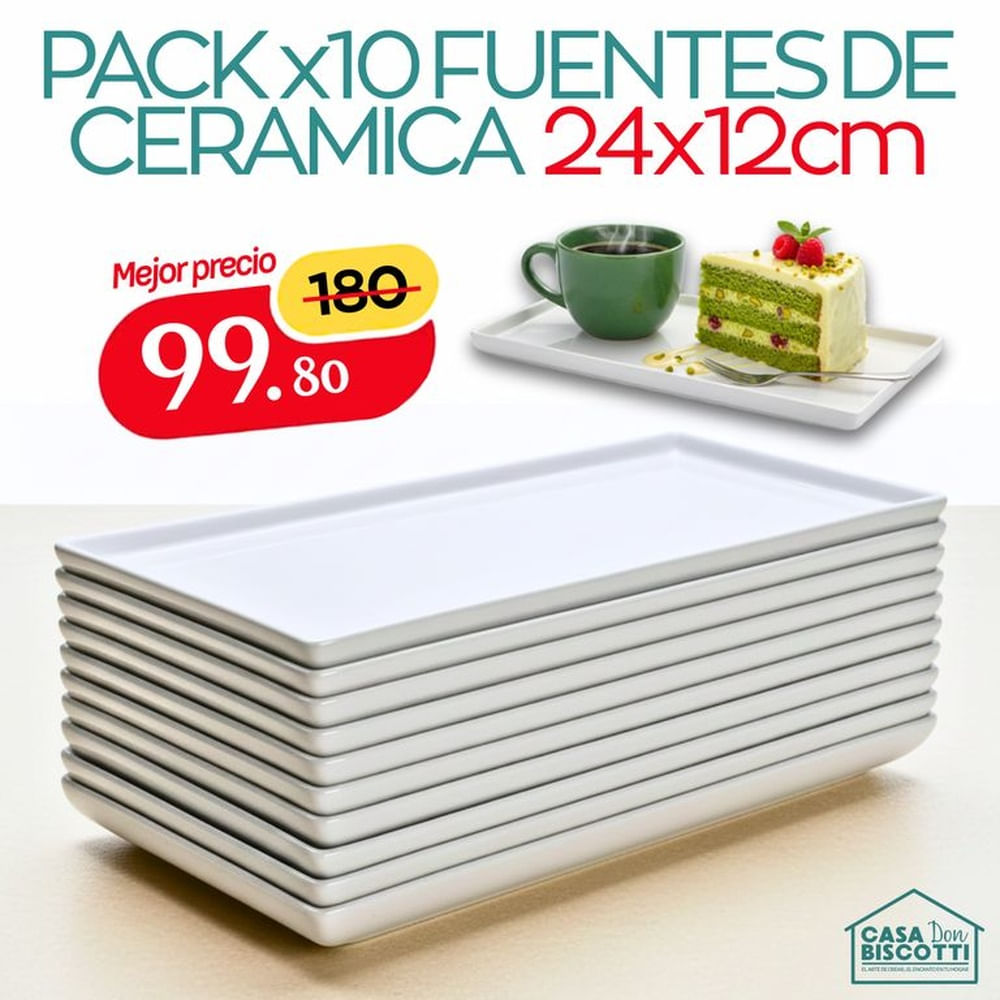 Fuente de Cerámica Rectangular Blanco PACK x10 Azafates Fuentes - Bandeja Cerámica Blanca 24x12cm