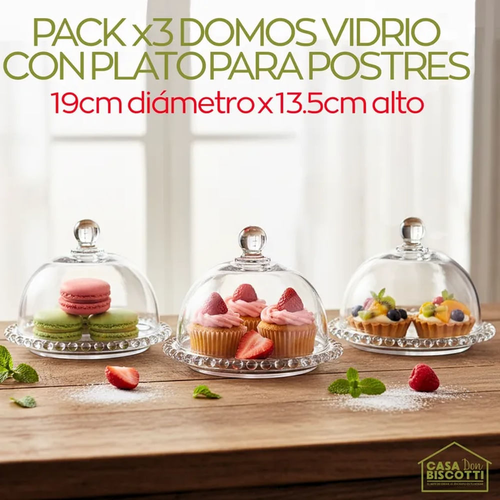 Cúpula de Vidrio Grueso y Plato con Borde Perlas 19x13cm PACK x3 - Domo de Vidrio para Postres