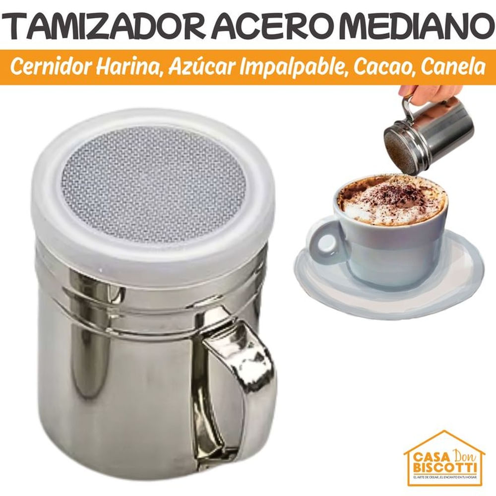 Cernidor de Acero Inoxidable Cacao Azúcar Impalpable y Canela con Tapa