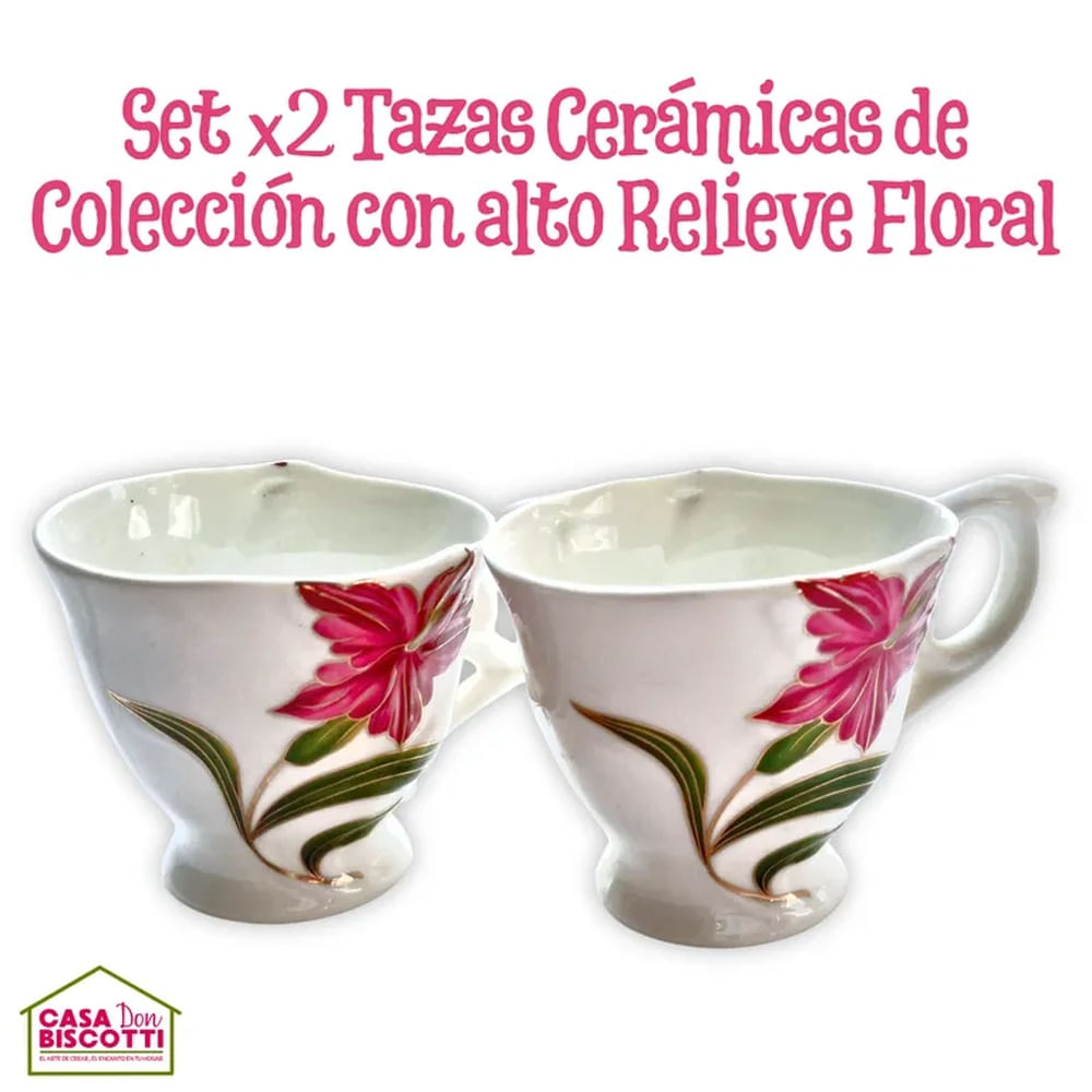Juego de 2 Tazas Elegantes de Té o Café de Cerámica con Asa Ornamental