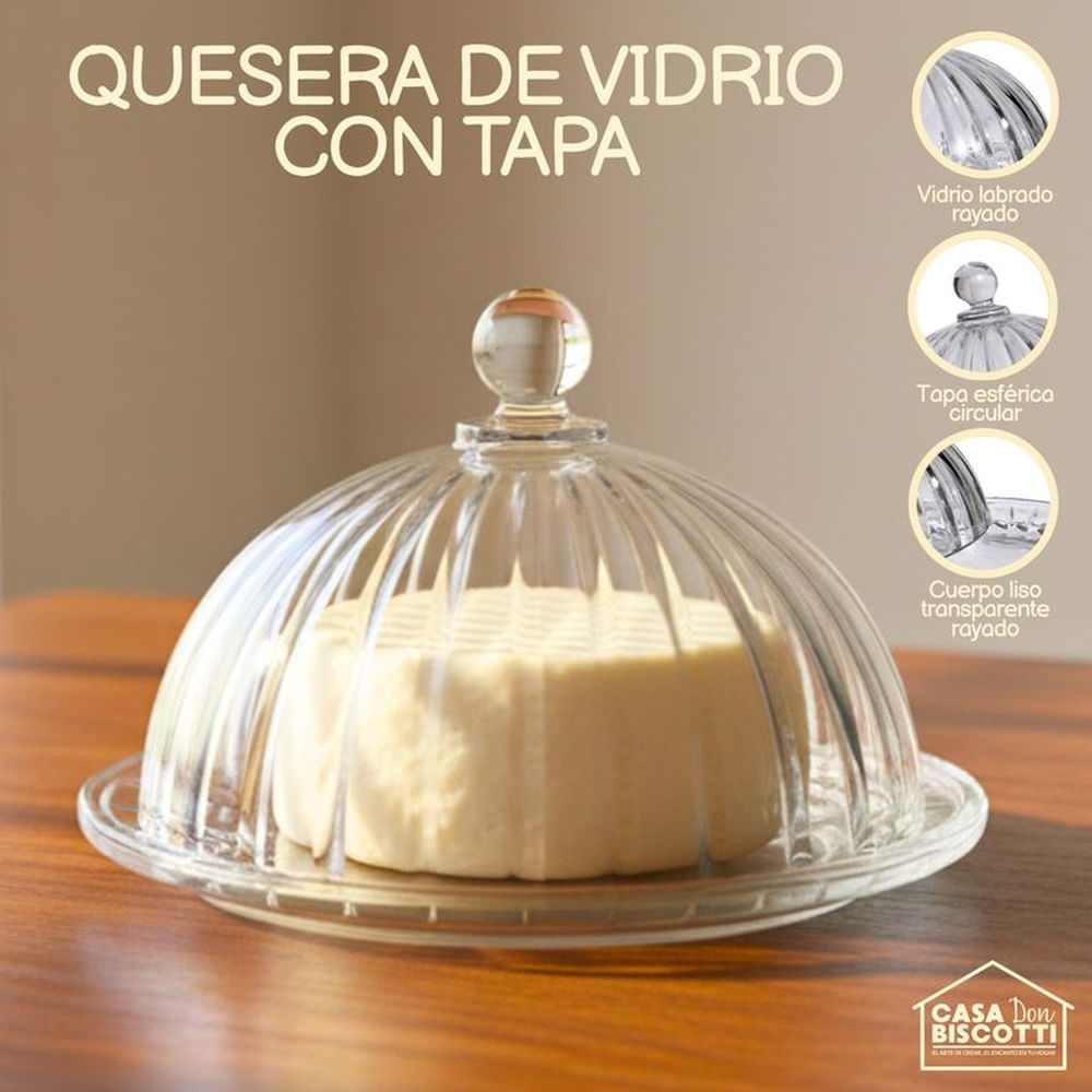 QUESERA de Vidrio Labrado con Tapa esférica tipo Campana 19cmx 13cm