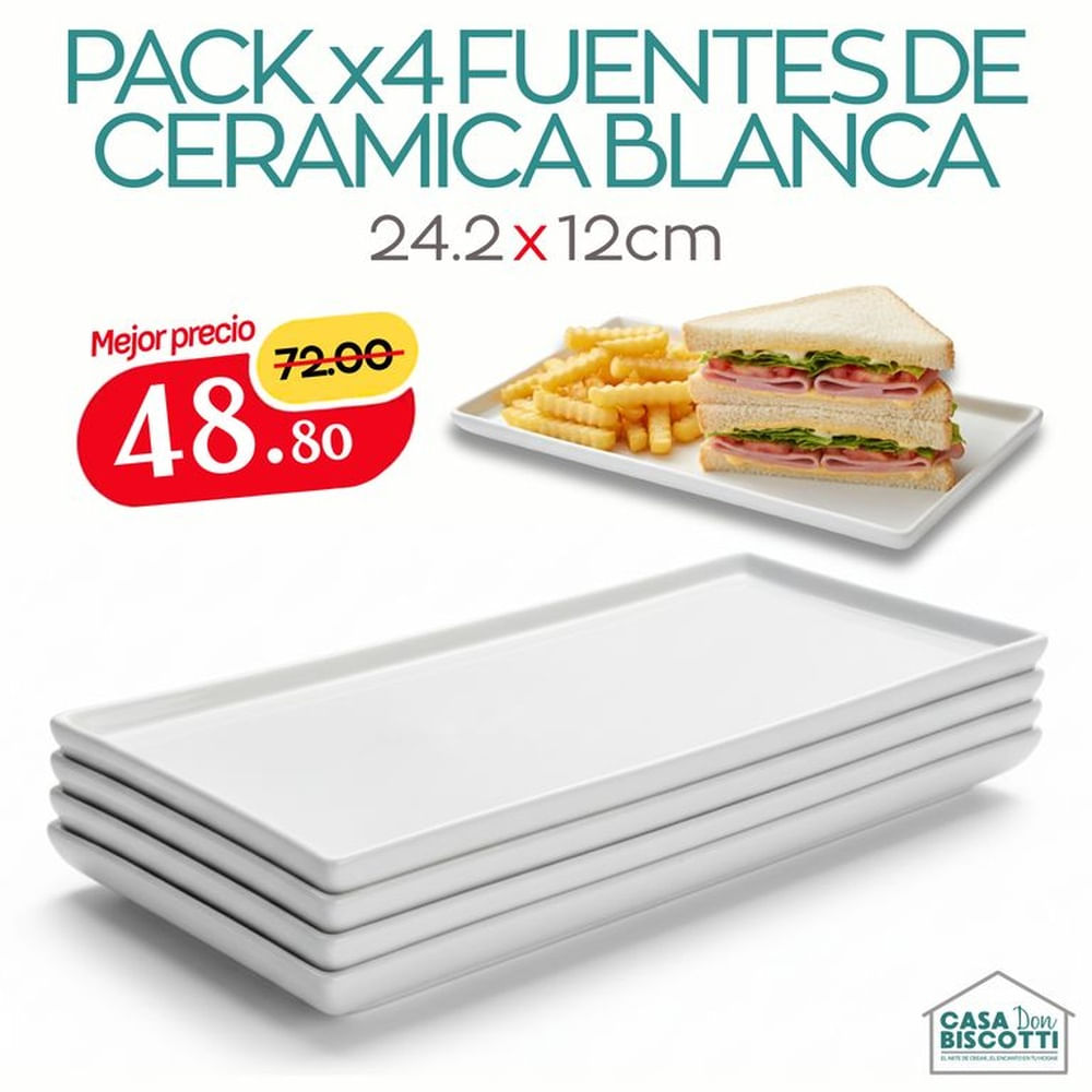 Fuente Rectangular de Cerámica Blanca 24 x 12cm PACK x4 - Platos Azafate Bandeja de Cerámica Blanco