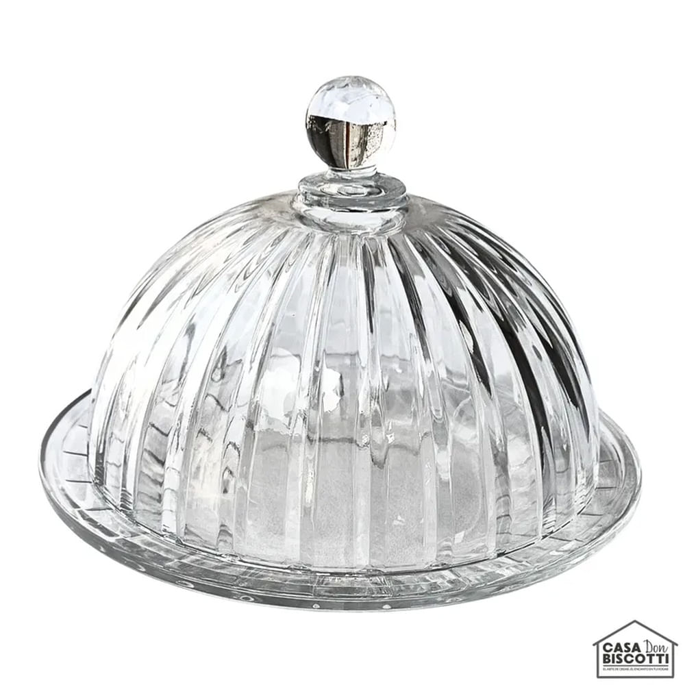 Domo de Vidrio Grueso Labrado con Plato de 19cm - Cúpula de Vidrio Labrada para Postres