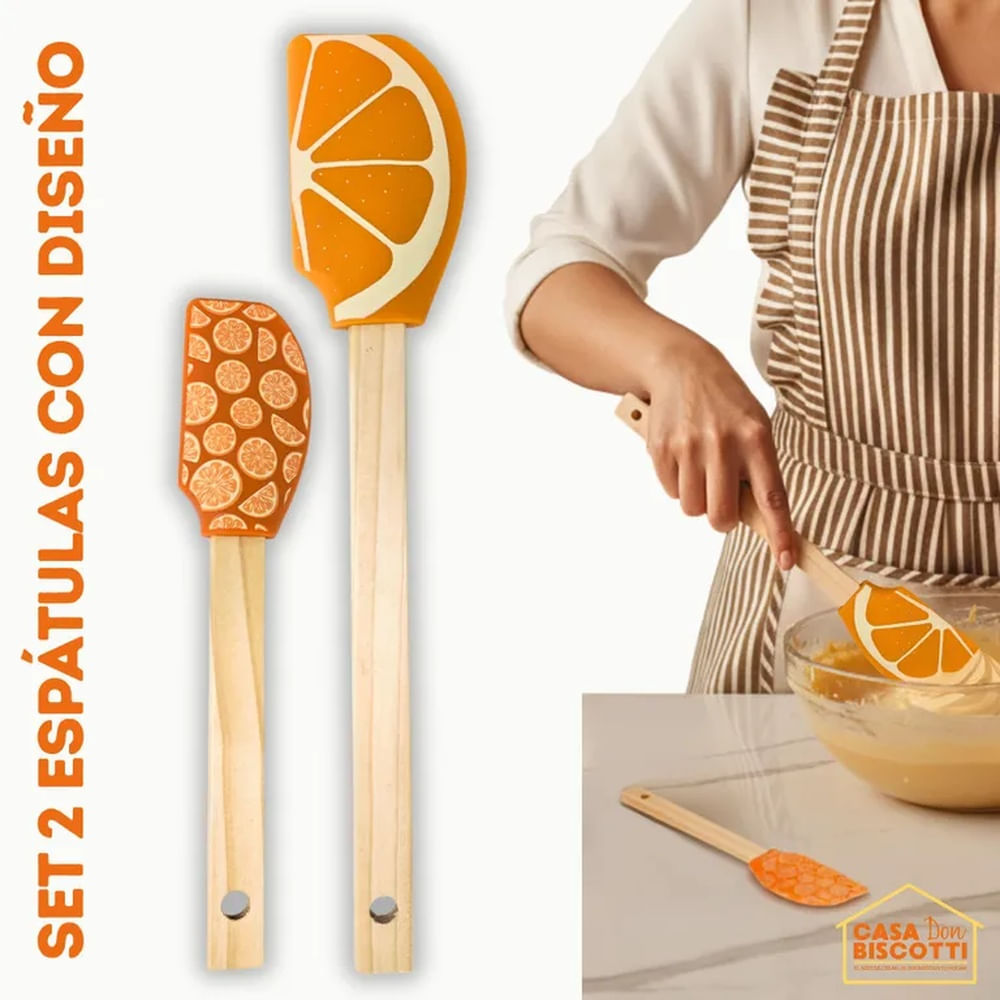 Set 2 Espátulas Miserables Silicona con Mango de Madera Diseño Naranja