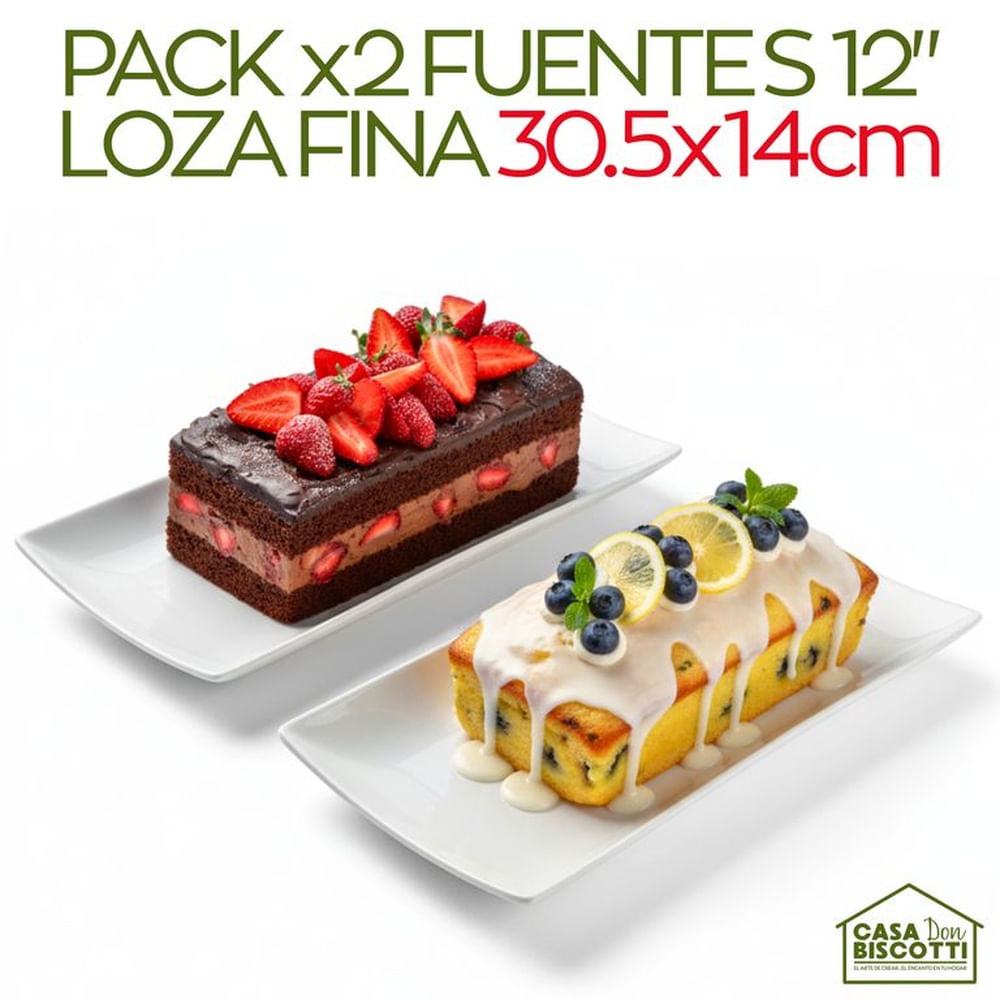 Fuente Rectangular de Loza Fina 12 pulgadas 30cm Largo PACK x2 - Plato Alargado de Cerámica Blanca