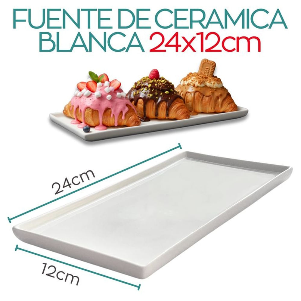Bandeja Rectangular Blanca de Cerámica Loza 12x24 cm - Fuente de Cerámica Blanco 24 x 12 cm