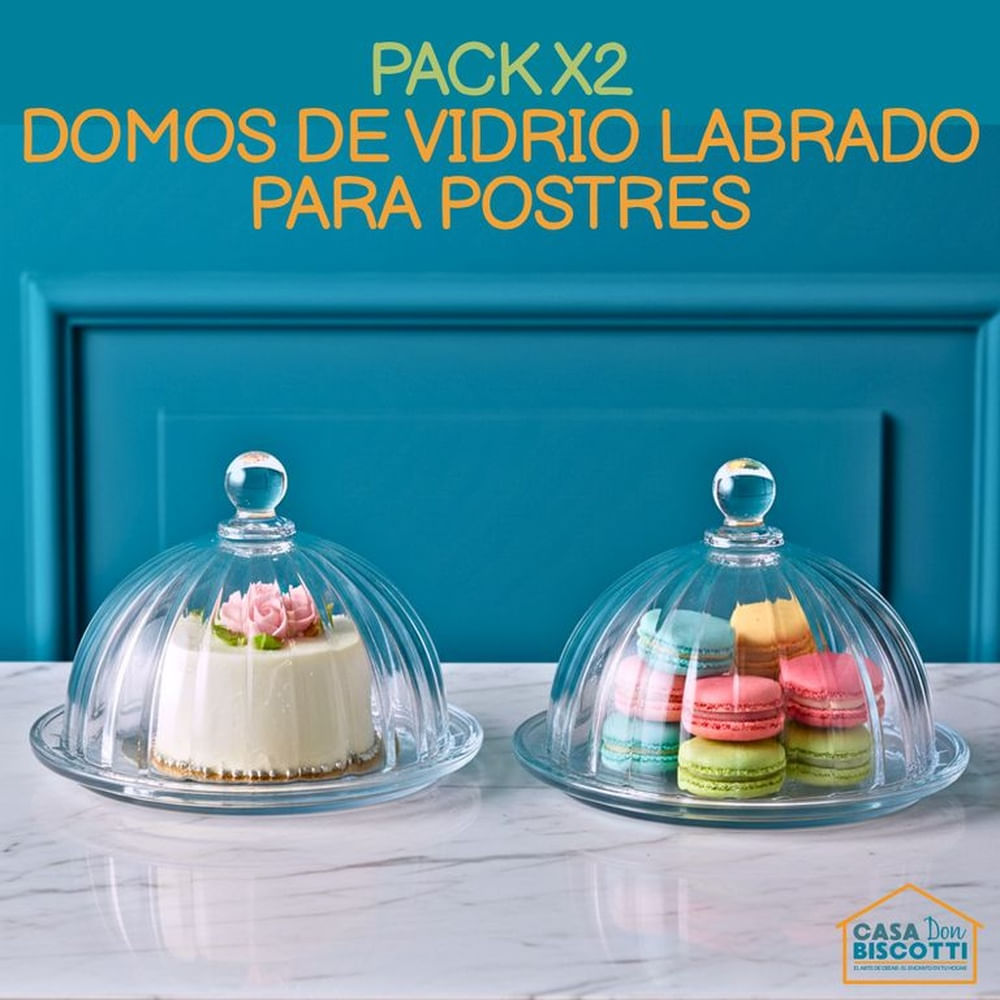 Cúpula de Vidrio Grueso con Plato Labrado para Postres - Domo de Vidrio Labrado con Plato PACK x2