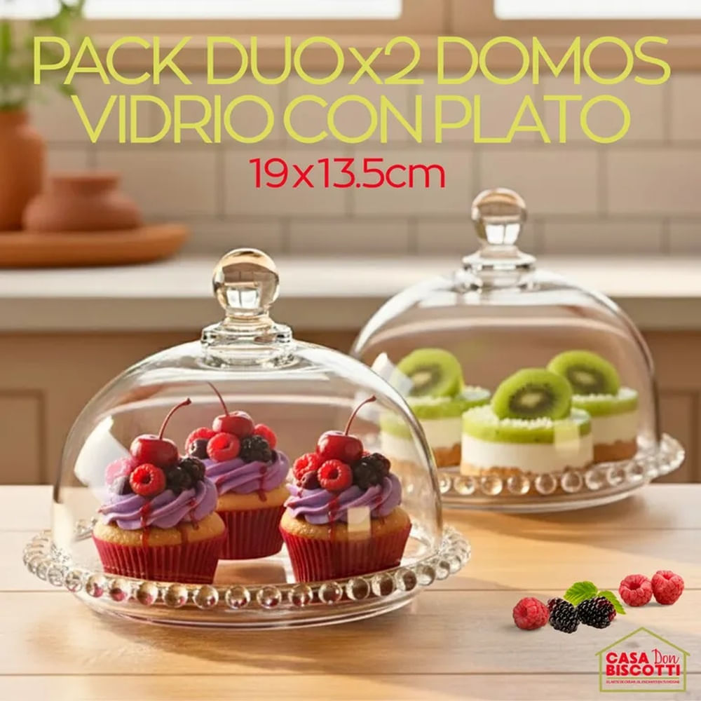 Domo de Vidrio con Plato 19cmx13cm PACK DUO x2 - Cúpula de Vidrio para exhibir postres