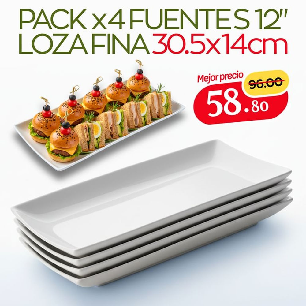 Plato Rectangular Blanco de Loza Fina 12 pulgadas 30cm Largo PACK x4 - Fuente Rectangular