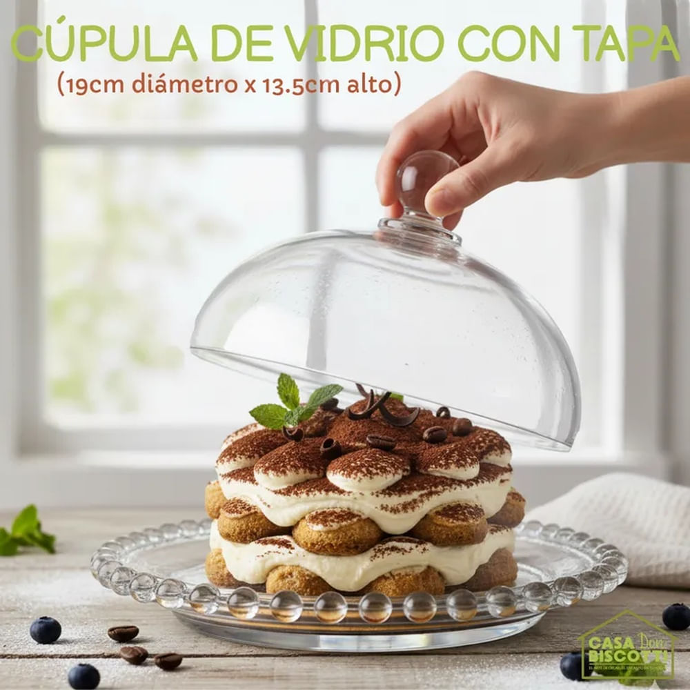Domo Cúpula de Vidrio Grueso + Plato con Borde Perlas 19x13cm