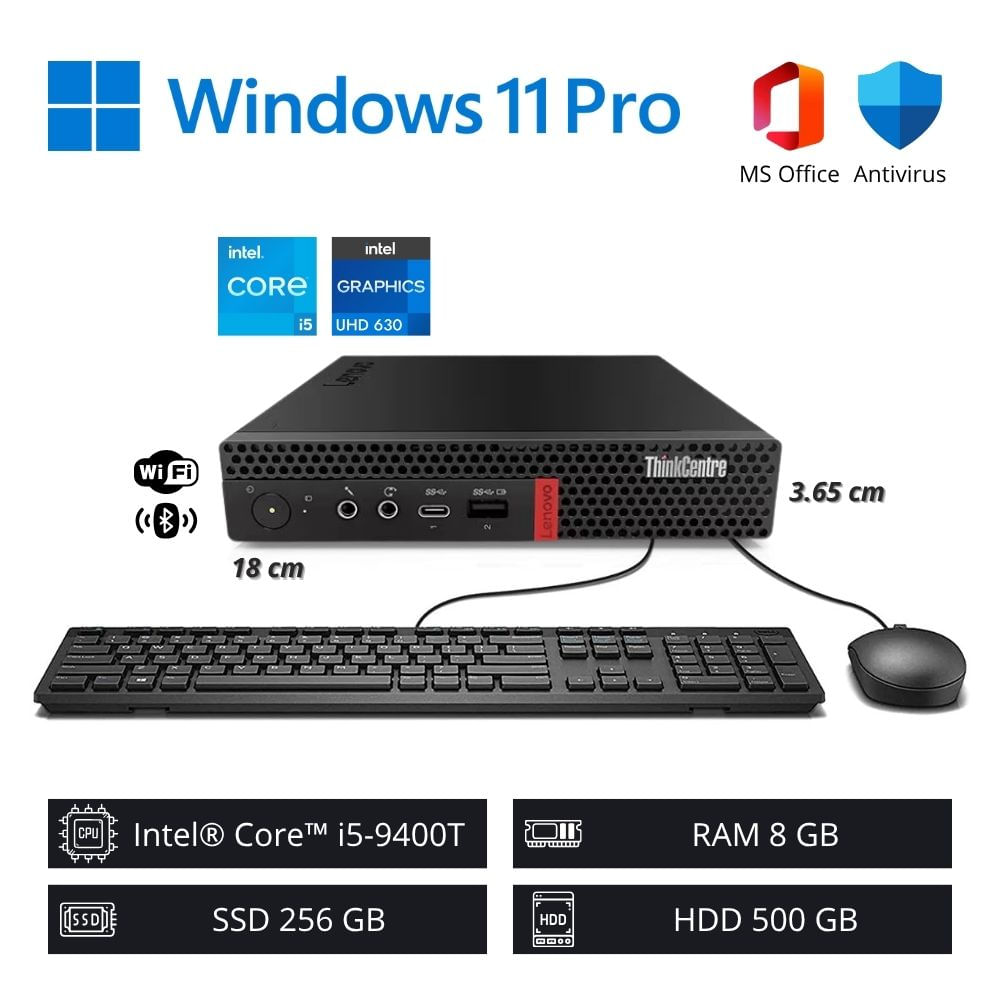Computadora PC Lenovo ThinkCentre - Intel Core i5-9400T 8GB RAM 256GB SSD 500GB HDD WiFi+BT