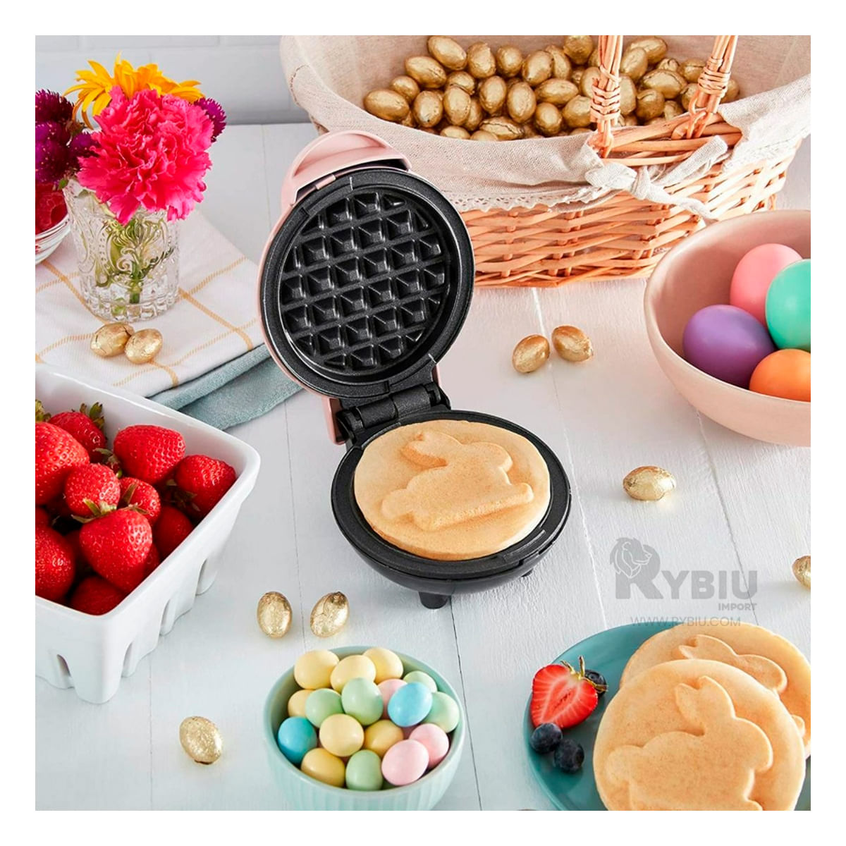 Mini Waflera Portátil de Fácil Uso Rosado Y+Papel de Regalo