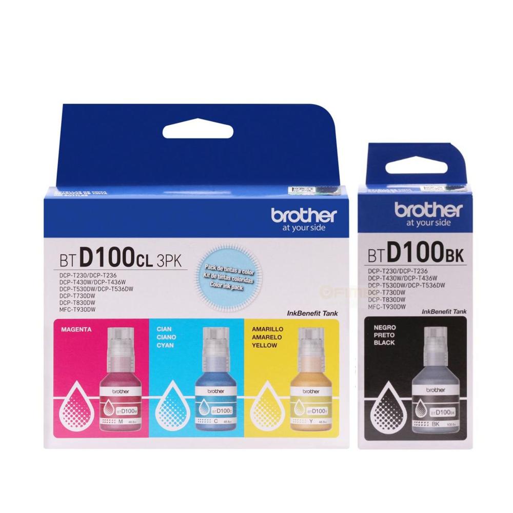 Kit Tinta Brother BTD100CL 3PK Cian Magenta Amarillo BTD100BK Negro