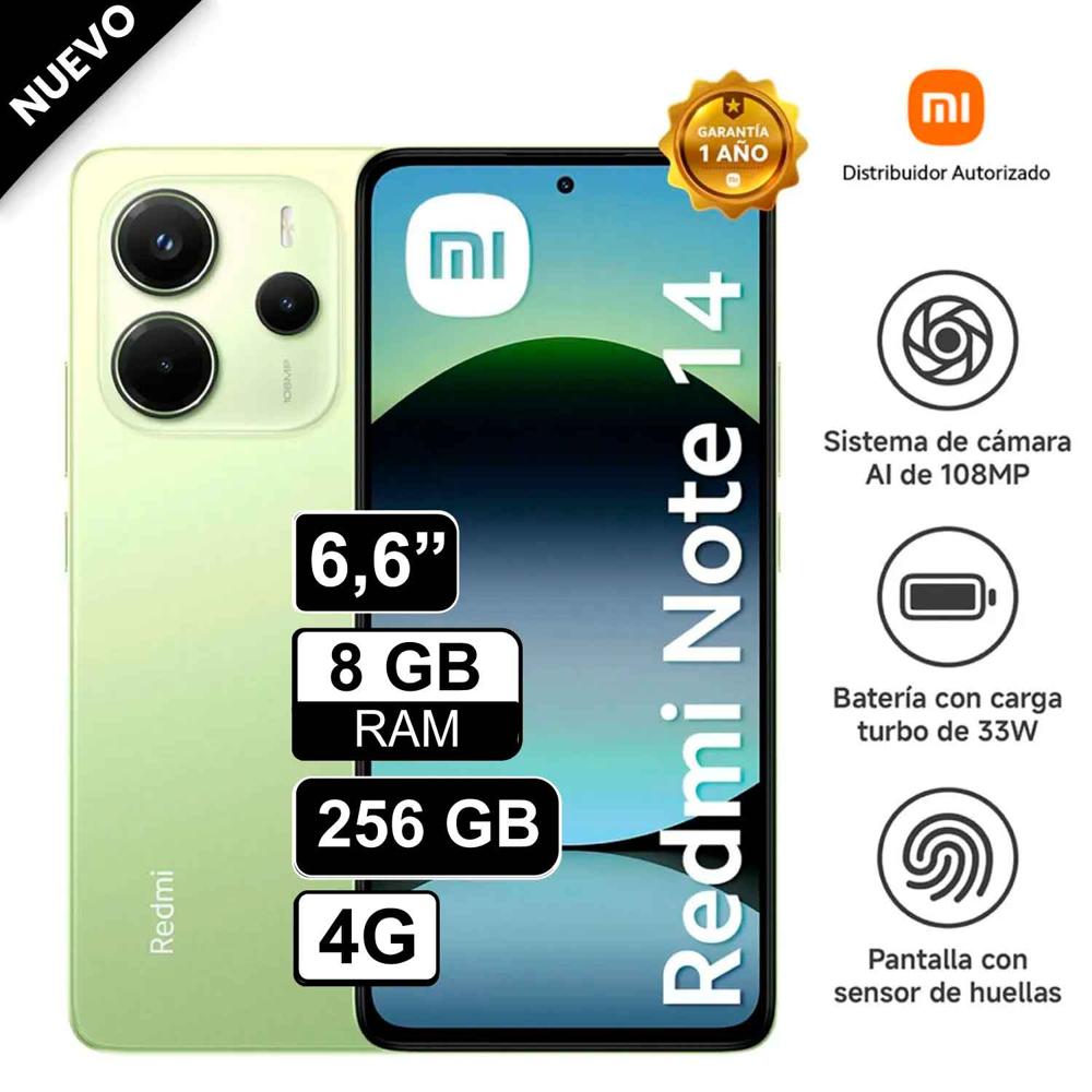 Celular Xiaomi Redmi Note 14 4G 256GB 8GB RAM cámara 108MP, cámara frontal 20MP, 6.6"" Pulg Verde