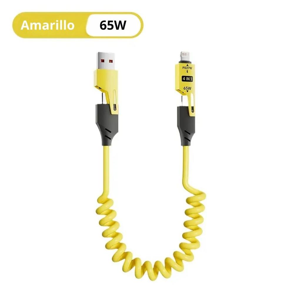 Cable Carga Rápida y Datos Retráctil de 65W 4 en 1 USB + Tipo C +Lightning Amarillo